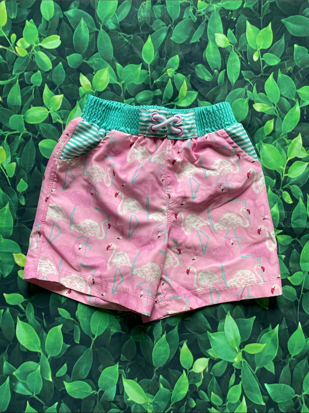 Matilda Jane Pink Flamingo Print Kids Swim Shorts with Teal Waistband Size 4